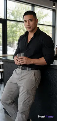 Heavily muscular adult man with substantial muscle mass, wide shoulders, thick n