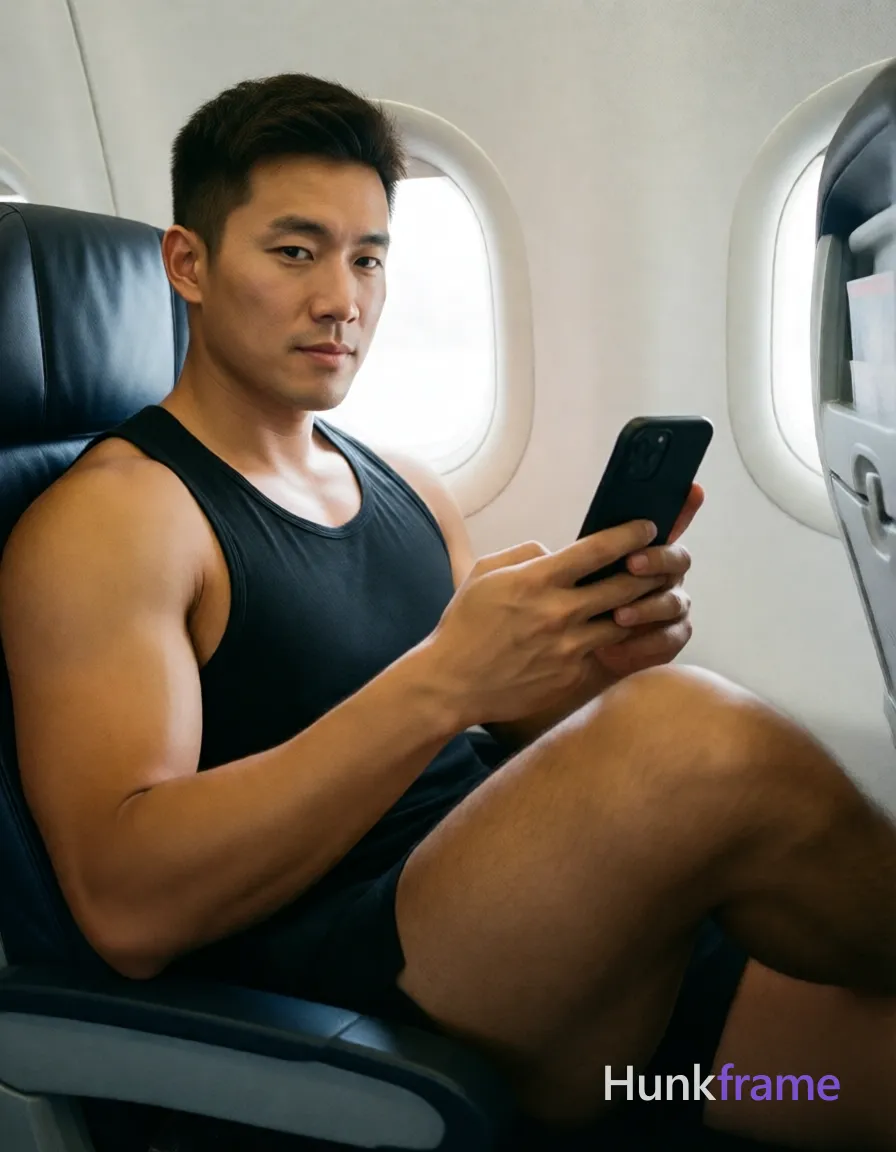 Asian man with light to medium tan skin and short dark brown hair, clean-shaven face, seated in airplane cabin; Wearing black sleeveless tank top covering upper torso; right leg bent upward exposing thick thighs and knee area, lower abdomen partially visible above waistband; Holding black smartphone with both hands against thigh, thumbs scrolling as if checking social feed; Muscular build with defined biceps and shoulders and thick thighs; Soft ambient cabin lighting mixed with natural daylight from oval window illuminating left side of face and leg; Vertical portrait orientation capturing candid iPhone selfie energy, real lifestyle scene, trendy influencer vibe; single clean uninterrupted photograph with a cohesive editorial composition and plain continuous surrounding surfaces