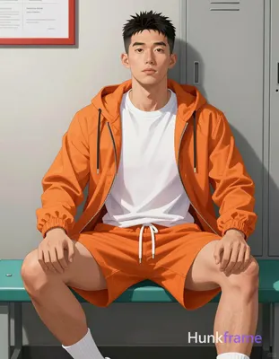 Asian man with short black spiky hair and clean-shaven face, neutral gaze direct eye contact seated 