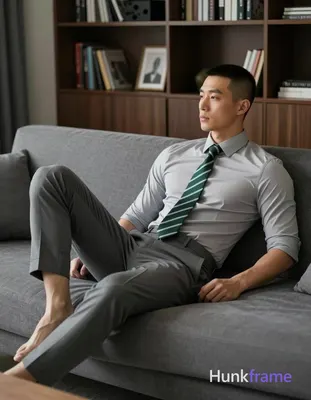 Asian man with short buzz cut and clean-shaven face reclining on a gray sectiona