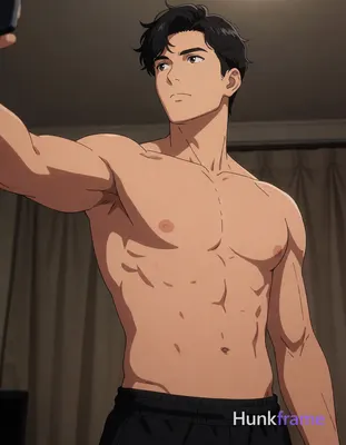 Polished anime 2.5D next-gen character render of Asian adult man shirtless with broad shoulders and