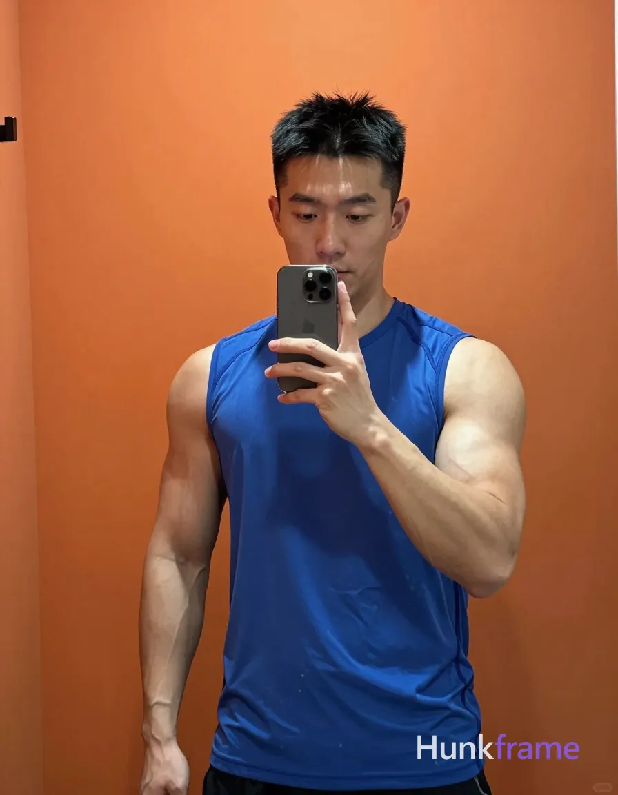 Asian man with light-medium skin and short black hair standing facing a large indoor mirror against an orange wall; He wears a blue sleeveless athletic shirt covering his torso, revealing very muscular biceps and triceps; His right hand holds a smartphone at chest level to take the shot while his left hand makes an open-fingered gesture near his cheek; The composition is vertical portrait 13:19 with head-to-waist framing; the phone obscures the lower face emphasizing neutral, focused expression under soft frontal lighting that sculpts strong muscle definition; single clean uninterrupted photograph with a cohesive editorial composition and plain continuous surrounding surfaces