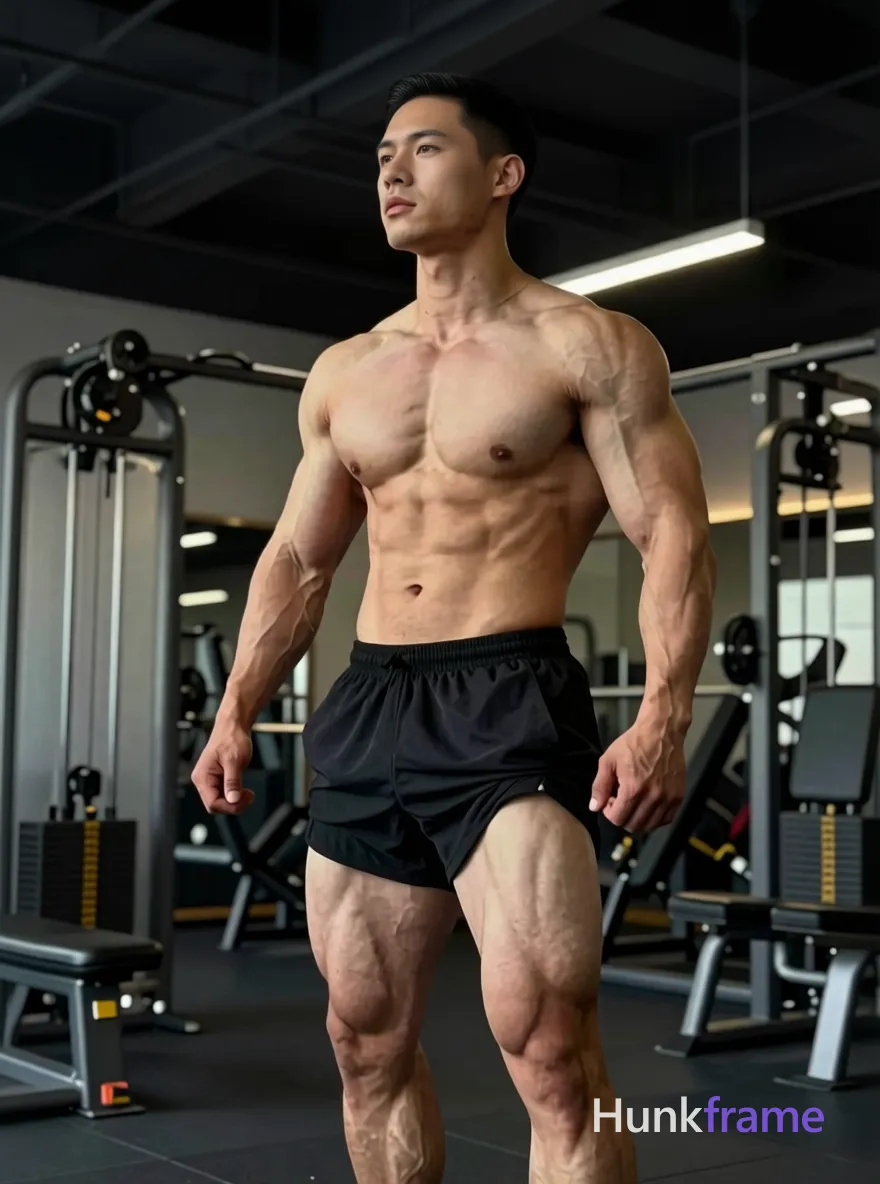 muscular male subject standing with arms slightly bent at elbows, torso angled to side, looking upwards; shirtless with defined abs and thick muscular thighs visible, wearing black athletic shorts; gym setting with equipment in background, natural overhead fluorescent lighting casting subtle shadows that highlight muscle definition; earthy tones contrasting against dark shorts; fine-art photography focusing on male physique