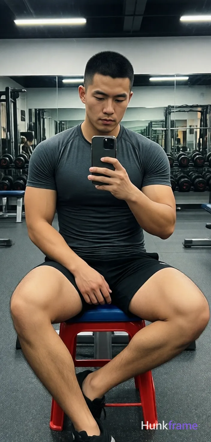 Asian man, light-medium skin tone, short black buzz cut straight texture high forehead clean hairline, clean-shaven face neutral pensive gaze at phone screen; Seated on red stool with blue cushion gym interior right leg bent foot flat floor left leg crossed over right knee left hand resting on left thigh holding black smartphone mirror selfie action dark grey fitted short-sleeve t-shirt covering torso completely black athletic shorts ending mid-thigh fully clothed broad shoulders defined biceps triceps thick thighs visible quadriceps definition; Gym equipment dumbbell rack mirrors background grey rubber flooring overhead fluorescent lighting even illumination rugged warm confidence bear energy vertical portrait 13:19 aspect ratio; single clean uninterrupted photograph with a cohesive editorial composition and plain continuous surrounding surfaces