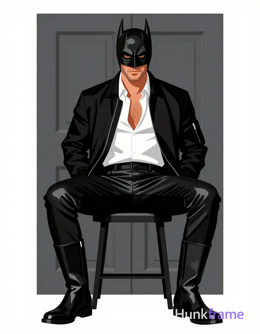 Bold flat-color wall art poster of an adult man seated on a stool against a plain wall with a dark gray paneled door, legs spread apart with knees bent and feet planted. He wears a black leather Batman-style cowl mask covering eyes, white collared dress shirt worn open under a black bomber jacket (sleeves pushed up to elbows), shiny black faux-leather pants extending to mid-calf, paired with matching tall glossy boots. Neck and upper chest visible beneath the open collar; no bare skin beyond that area. Thick thighs and broad shoulders define his physique. High-contrast color blocking emphasizes clean vector lines without text or logos., same aesthetic theme and photo feel as the reference but a different man in a different pose with distinct body proportions, Turkish man, olive skin, aquiline nose, lean hairy chest editorial look, a single uninterrupted photograph only, no written words or typography anywhere in frame, no captions, no app UI, no social-media post layout, no screenshot borders