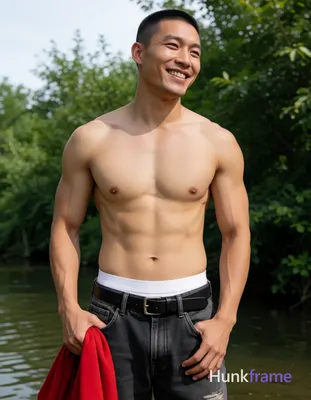 Asian man with light tan skin and short black buzz cut stands upright outdoors n
