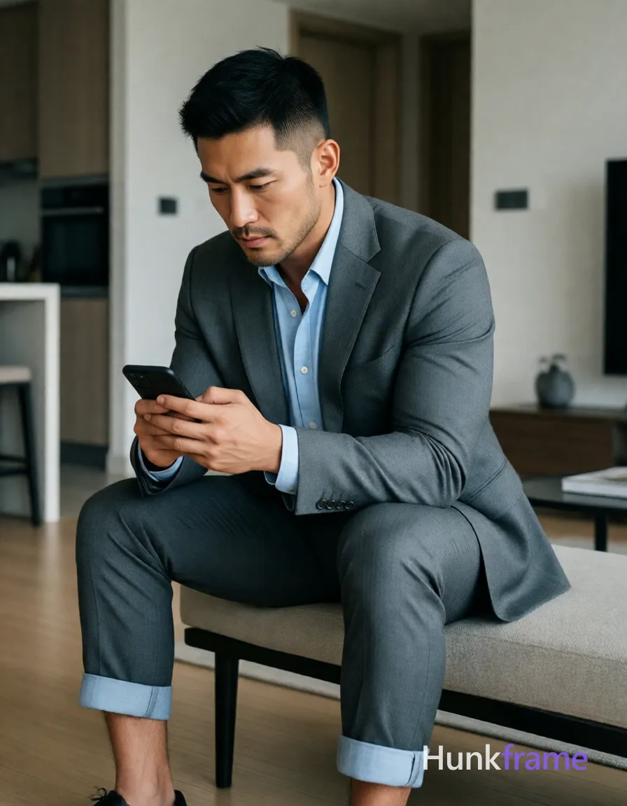 Photograph of exactly 1 adult man. Man 1: Asian, light-medium, square-jawed with defined cheekbones, short black hair, textured top with faded sides and clean neckline, clean-shaven. Man 1 has fully exposed eyes, eyebrows, temples and nose bridge. Lean muscular Asian man with broad shoulders, thick thighs seated sideways on beige bench. Holding black smartphone with both hands at chest level while gazing down at screen intently. Grey single-breasted suit jacket over light blue button-down shirt with matching rolled-cuff trousers. Full-body vertical portrait centered in medium-full shot capturing seated posture on modern bench. Modern interior room featuring light wood flooring, neutral walls, kitchenette visible to left side. Soft ambient indoor lighting creating calm composed sophisticated mood within minimalist decor space. Fine-art photography with clean lines professional composition showcasing premium fashion-editorial aesthetic
