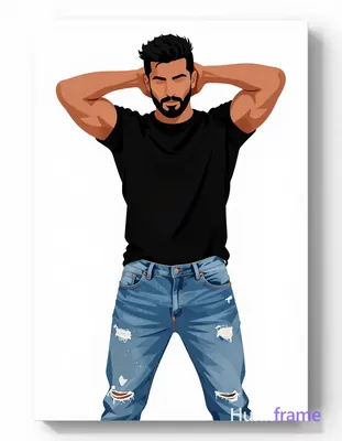 Bold flat-color wall art poster of an adult man with short black hair and define