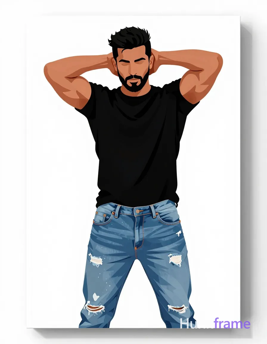 Bold flat-color wall art poster of an adult man with short black hair and defined biceps standing against seamless white background, torso twisted right. He wears a black graphic tee and light blue distressed jeans with rips at thighs, forearms raised clasping hands behind neck obscuring face. High-contrast color blocking defines skin tones and denim blue in mid-thigh up full-body shot. Clean vector lines emphasize confident masculine form without text or logos., same aesthetic theme and photo feel as the reference but a different man in a different pose with distinct body proportions, Middle Eastern man, tan skin, dark beard shadow, muscular but natural proportions, a single uninterrupted photograph only, no written words or typography anywhere in frame, no captions, no app UI, no social-media post layout, no screenshot borders