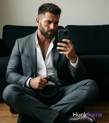 Adult man with short textured dark brown crop and neatly trimmed beard, focused downward gaze at sma