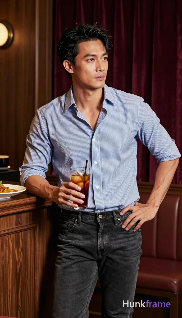 Asian man with medium-light skin, short dark black hair textured top and sides with tousled front bangs, clean-shaven face; Standing casually leaning against wooden counter holding tall glass of iced tea in right hand fingers wrapped around base left hand resting on hip thigh area torso angled slightly toward viewer wearing blue-and-white vertical-striped button-down shirt sleeves rolled to mid-bicep top two buttons undone revealing upper chest and collarbone dark gray slim-fit jeans artistic partial nude adult exposing upper chest above shirt opening broad shoulders defined pectorals toned arms plate of curry visible in foreground left indoor restaurant booth dark wood paneling maroon velvet curtain backdrop warm ambient interior lighting soft directional fill from left side shallow depth of field rich color grading typical of fashion editorial fine-art photography aesthetic 13:19 aspect ratio; FULL GARMENT TEXT REPLACEMENT: remove every source garment word, sentence, slogan, logo, and partial brand spelling from every existing print area, then replace those source marks with only the wordmark, spelled exactly "HF"; This; single clean uninterrupted photograph with a cohesive editorial composition and plain continuous surrounding surfaces