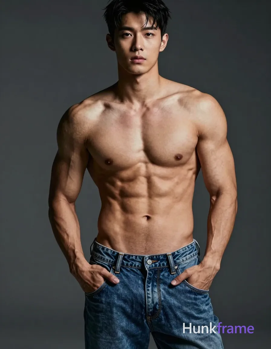 Vertical portrait wallpaper composition featuring a shirtless adult man with highly muscular build, defined pectorals, six-pack abs, and vascular arms; He stands on the left side in a mid-torso crop where the head is cut off at the neck and lower legs are partially visible; Hands rest deep inside pockets of blue denim shorts with drawstring waist; Exposed chest, abdomen, and arms show light torso hair against medium-tan skin tone under dramatic directional lighting from the left creating strong highlights on musculature and deep shadows; Dark slate grey seamless studio background provides clean negative space for screen-safe display; High contrast fine-art photography style emphasizing sculpted masculine editorial mood without facial features, same aesthetic theme and photo feel as the reference but a different man in a different pose with distinct body proportions, lean Korean man, sharp jaw, monolid eyes, slim swimmer build, natural black hair; single clean uninterrupted photograph with a cohesive editorial composition and plain continuous surrounding surfaces