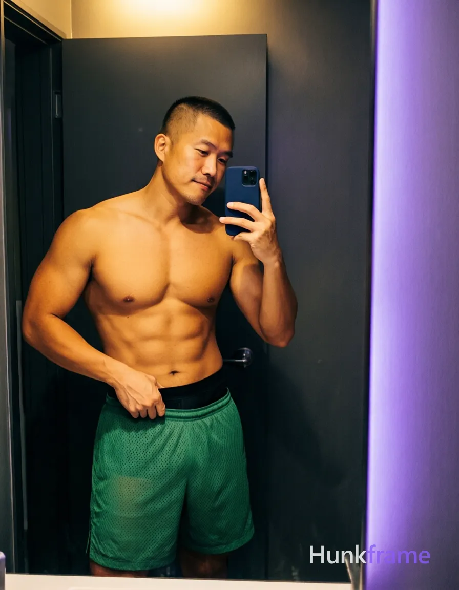 Asian man with light to medium tan skin and short buzz cut stands shirtless before a mirror, broad shoulders and defined pectorals prominent; He wears green mesh athletic shorts mid-thigh length with black underwear waistband visible above; Right hand grips the waistband while left holds dark blue smartphone capturing reflection in large bathroom mirror; Warm overhead highlights contrast cool purple ambient glow from right side against dark gray walls; Vertical full-body shot head to mid-thighs, slightly grainy phone camera texture, confident intimate mood; single clean uninterrupted photograph with a cohesive editorial composition and plain continuous surrounding surfaces