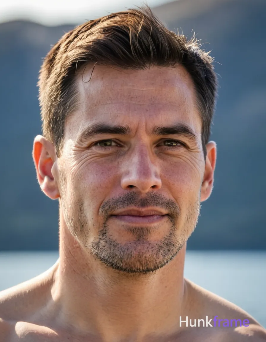 A handsome white man in his thirties with short dark brown hair featuring lighter highlights at the crown stands shirtless against a blurred blue background suggesting water or sky. He has defined collarbones and broad shoulders, gazing directly at the camera with a neutral to slight smile. The lighting is bright natural sunlight creating high contrast on his light tan skin while maintaining a shallow depth of field that isolates him from the outdoors setting. This vertical portrait captures an upper chest close-up centered in frame, embodying confident clean masculine aesthetics typical of fine-art editorial photography., shot on iPhone 15 Pro main camera, authentic smartphone computational photography, natural Smart HDR and true-to-life skin texture, vertical 9:16 Xiaohongshu lifestyle feed, bright clean everyday scene, unretouched phone photo with subtle sensor grain, trendy Chinese internet 网红 aesthetic, candid influencer energy