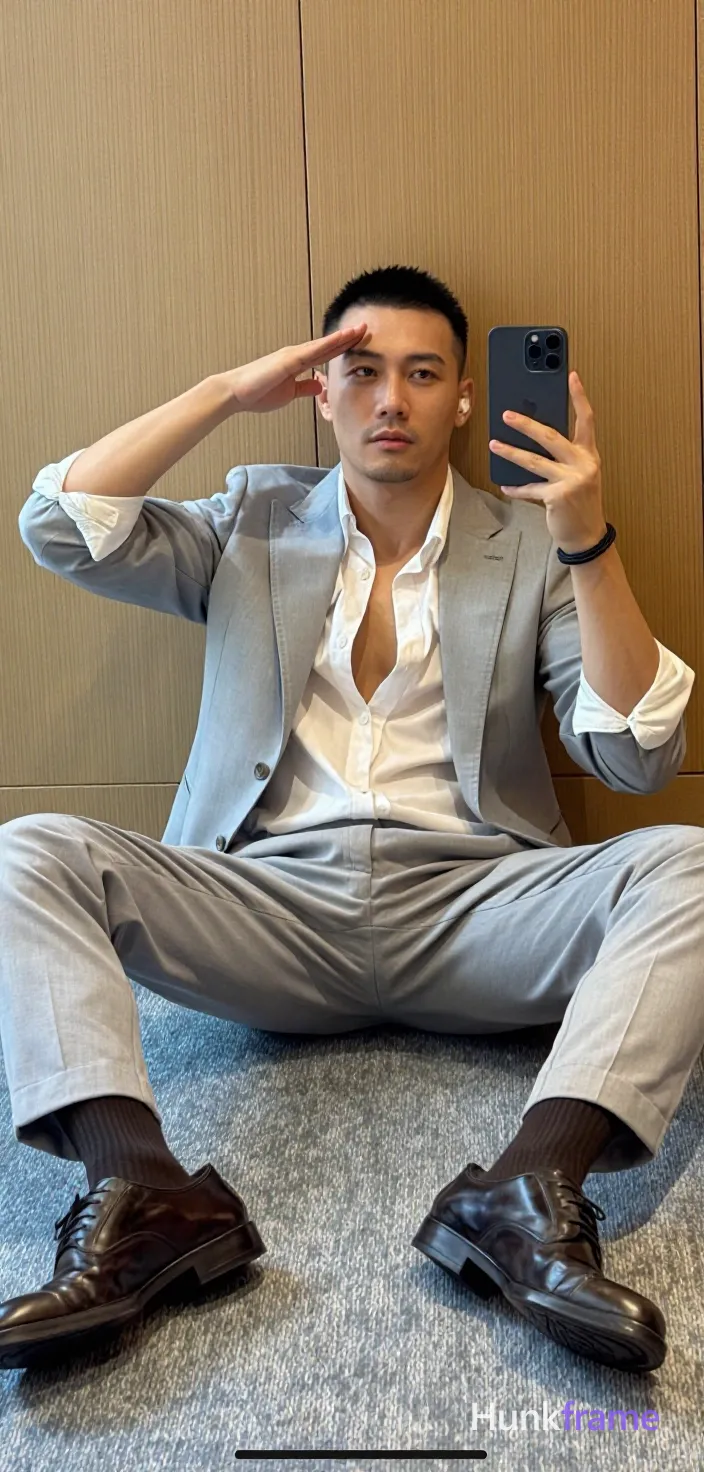 Asian adult man with short black buzz cut and light stubble, neutral expression saluting his forehead with right hand while holding dark smartphone in left for mirror selfie; Seated on light blue carpeted floor legs spread wide X-shape torso leaning back against wood paneling wearing open white dress shirt revealing upper chest cleavage sleeves rolled up paired with light grey single-breasted suit jacket and matching tailored trousers black socks dark brown leather shoes soft indoor lighting vertical portrait composition confident stylish mood, shot on iPhone 15 Pro main camera, authentic smartphone computational photography, natural Smart HDR and true-to-life skin texture, vertical 9:16 Xiaohongshu lifestyle feed, bright clean everyday scene, unretouched phone photo with subtle sensor grain, trendy Chinese internet 网红 aesthetic, candid influencer energy, phone held naturally in one hand for selfie, phone visible in frame; single clean uninterrupted photograph with a cohesive editorial composition and plain continuous surrounding surfaces