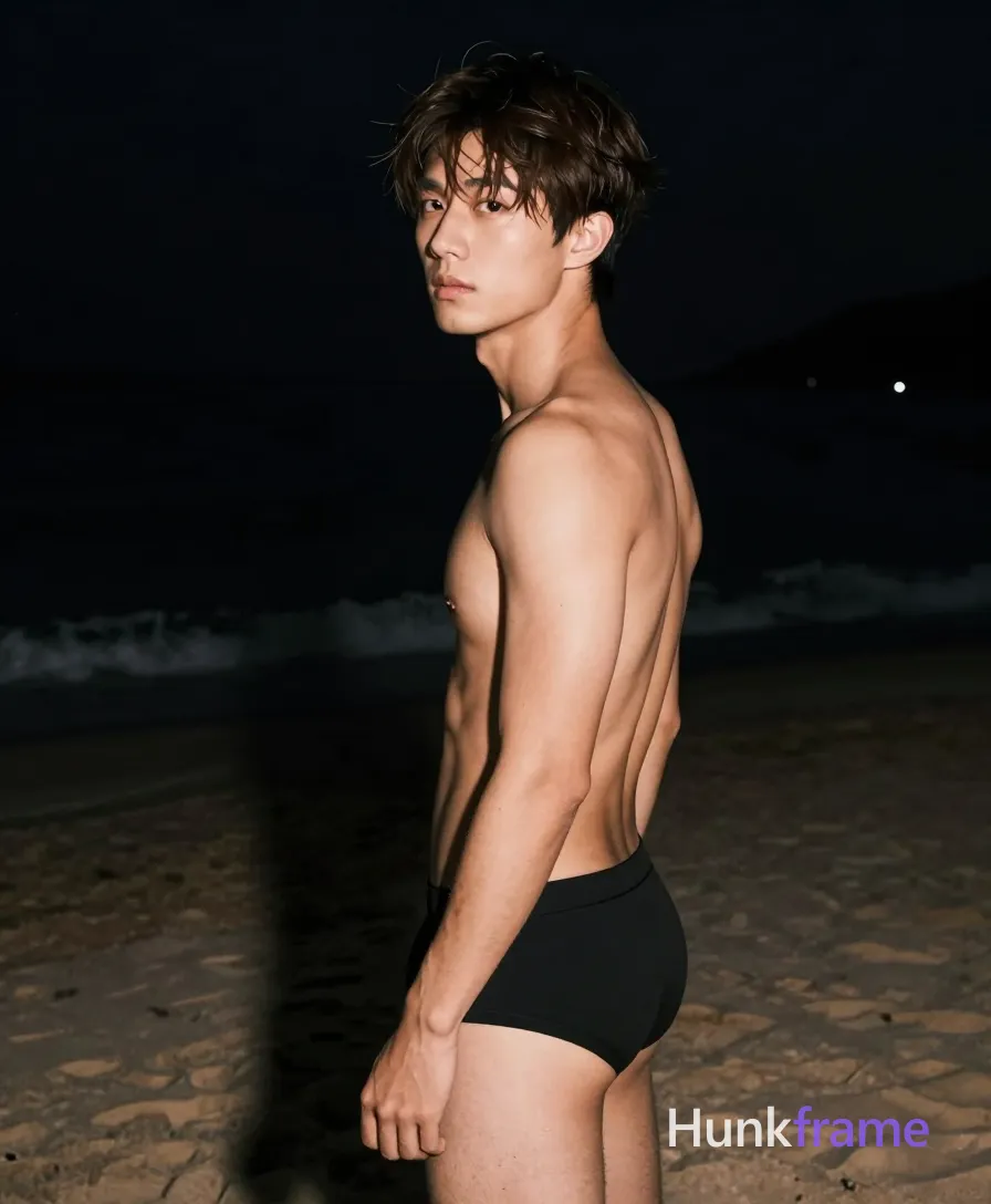 Asian man with short dark brown tousled hair and side-swept bangs, clean-shaven face, neutral serious expression; Standing in profile facing left, head turned over shoulder toward camera; Shirtless adult male with bare chest, sculpted shoulders, defined latissimus dorsi, visible abdominal definition, minimal chest hair; Wearing black briefs covering lower torso and hips; Waist-up to mid-thigh crop, center-right occupying majority of frame width; Nighttime beach setting with sand foreground and dark foliage background; Fine-art photography style, high-contrast chiaroscuro lighting highlighting musculature against low-key ambient night light; Vertical portrait orientation 13:19 aspect ratio; single clean uninterrupted photograph with a cohesive editorial composition and plain continuous surrounding surfaces