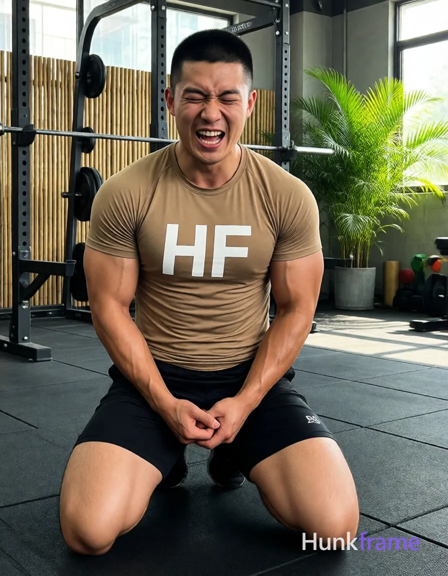 Asian man kneeling on black rubber gym floor, torso upright and slightly arched back with hands clasped between thighs gripping waistband of shorts; He wears a fitted tan t-shirt with white 'HF' text across chest (partially obscured by pose) and black athletic compression shorts with small white logo on left thigh; Short black buzz cut even length all around, clean-shaven face with eyes closed tightly and mouth open mid-exertion grimace; Highly muscular build defined pectorals broad shoulders vascular arms thick quads with visible veins light to medium tan skin with visible sweat sheen on arms and legs indoor gym setting squat racks labeled 'TORQUE' bamboo fence backdrop green plants bright natural light streaming through windows creating strong highlights sharp focus high-contrast lighting candid iPhone rear-camera snapshot energy real lifestyle scene trendy influencer vibe 13:19 aspect ratio; FULL GARMENT TEXT REPLACEMENT: remove every source garment word, sentence, slogan, logo, and partial brand spelling from every existing print area, then replace those source marks with only the wordmark; single clean uninterrupted photograph with a cohesive editorial composition and plain continuous surrounding surfaces