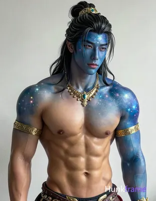 Asian man with blue-tinted cosmic skin and glowing highlights, long dark hair in