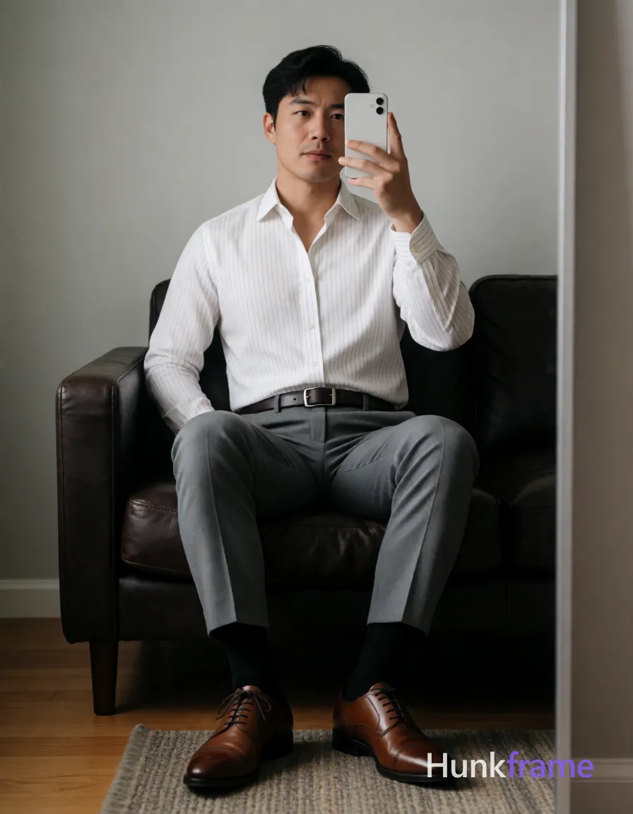 Asian man seated on dark leather sofa, legs spread apart with knees bent; Right arm raised holding white smartphone for mirror selfie at chest level; left hand resting behind back near hip; Wearing white long-sleeve button-up shirt with subtle vertical stripes, top two buttons undone revealing upper chest and collarbone, grey tailored trousers cuffed slightly above ankle, dark brown leather belt with rectangular silver buckle, black dress socks pulled up to mid-calf, brown cap-toe oxford shoes; Broad shoulders, defined pectorals, toned arms visible under shirt; Indoor room featuring light grey wall, wooden floor partially covered by textured rug, vertical mirror frame along right edge; Soft ambient indoor lighting creating gentle shadows on face and clothing folds; Clean lines, minimalist composition, full-body shot captured via mirror reflection framing showing subject occupying majority of frame from head to knees with shoes fully visible; single clean uninterrupted photograph with a cohesive editorial composition and plain continuous surrounding surfaces