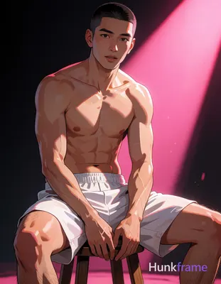Polished anime style illustration of an adult Asian man with buzz cut and clean-shaven face, shirtle
