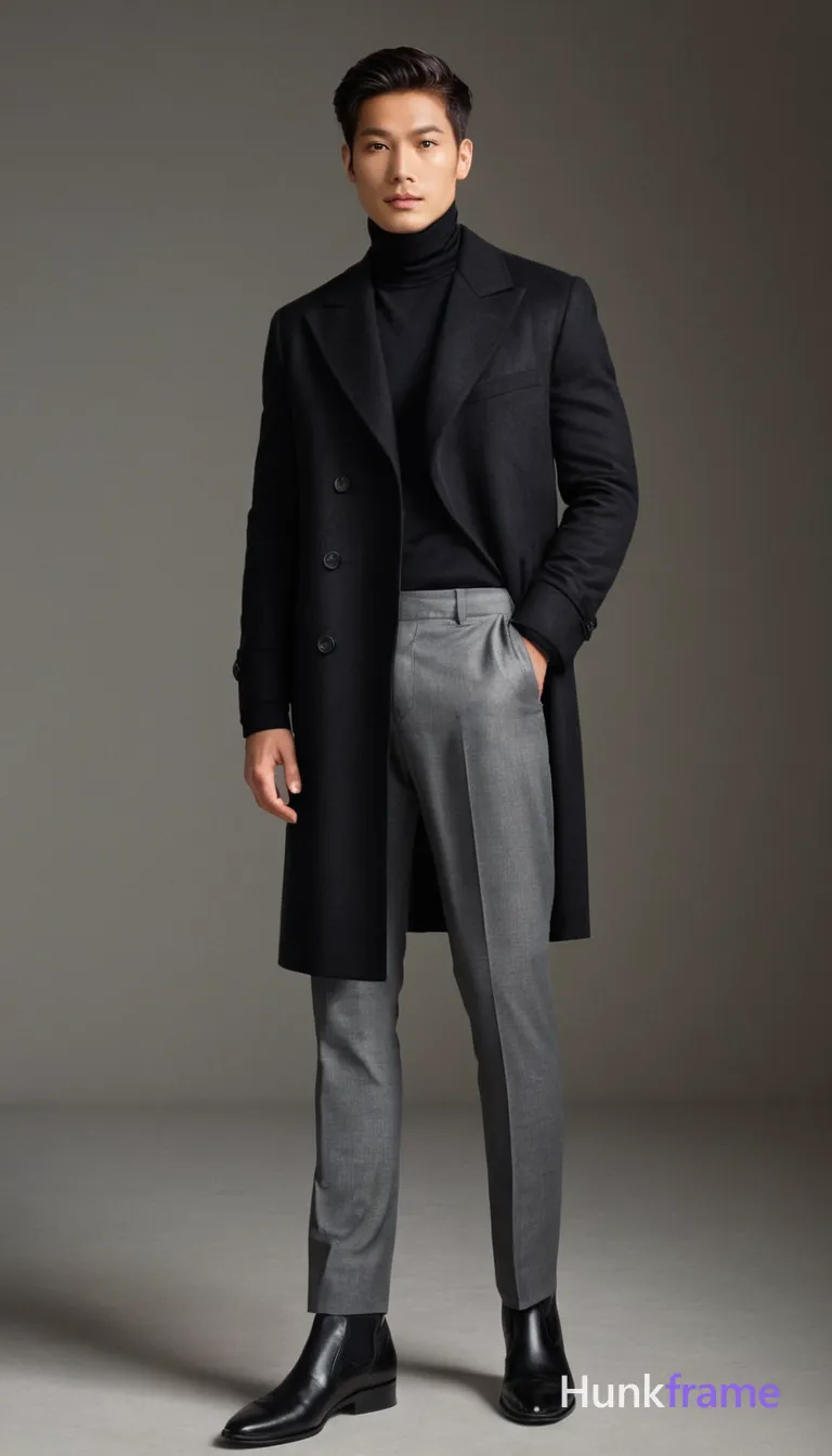 A Thai man with smooth tan skin and gentle eyes poses in a slender an anonymous figure physique, standing confidently against the neutral gray background of Florence's modern studio space. Soft yet dramatic lighting highlights his muscular form without harsh shadows, creating a romantic atmosphere. He wears black boots and gray pants tied at the waist, emphasizing his toned build in a photoreal editorial photograph capturing masculine fine-art aesthetics