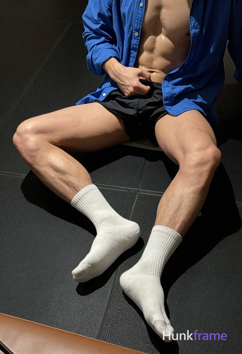 Adult man seated on black rubber gym flooring, legs extended forward with knees slightly bent; right hand pulling up the waistband of dark shorts or underwear near the crotch area while wearing a blue button-up shirt that is partially unbuttoned and sleeves rolled; Shirtless adult male torso visible but head out of frame center-right; Thick thighs, defined quadriceps and hamstrings exposed fully; White crew socks on both feet; Indoor gym setting with brown leather bench edge bottom-left; Soft directional lighting highlighting leg musculature; Vertical portrait 13:19 aspect ratio; High-contrast leg definition focus, shot on iPhone 15 Pro main camera, authentic smartphone computational photography, natural Smart HDR and true-to-life skin texture, vertical 9:16 Xiaohongshu lifestyle feed, bright clean everyday scene, unretouched phone photo with subtle sensor grain, trendy Chinese internet 网红 aesthetic, candid influencer energy; single clean uninterrupted photograph with a cohesive editorial composition and plain continuous surrounding surfaces