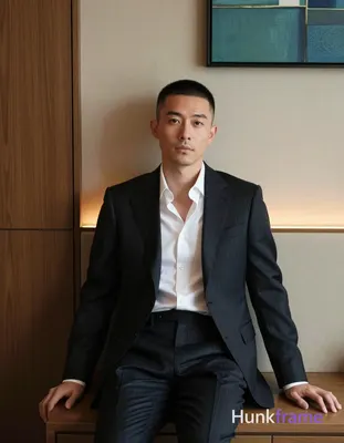 Photograph of exactly 1 adult man. Man 1: East Asian, light-medium, oval with defined jawline, short