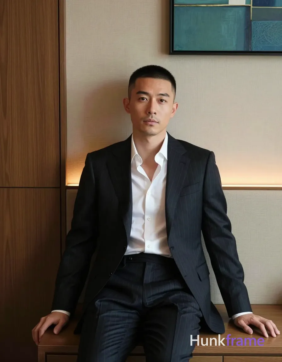 Photograph of exactly 1 adult man. Man 1: East Asian, light-medium, oval with defined jawline, short buzz cut, sides shaved very short, slightly longer on top (approx. 1-2cm), dark brown/black color, straight texture, clean hairline, clean-shaven chin and upper lip, light stubble on jawline/neck area. Man 1 has fully exposed eyes, eyebrows, temples and nose bridge. East Asian man with slim build, short buzz cut hair, light stubble on jawline. Seated upright leaning back against wall, arms relaxed along sides in contemplative pose. Open dark navy pinstripe suit jacket over white shirt with top two buttons undone revealing collarbone. Vertical full-body shot center-right showing feet on floor, upper chest exposure clearly. Modern interior lounge featuring beige textured walls, wood sliding door left, abstract blue-green art above. Soft ambient ceiling light casting gentle shadows with warm accent strip-lighting along wall panels. High-end fashion editorial quality clean lines minimalist luxury aesthetic muted neutrals accented by rich browns
