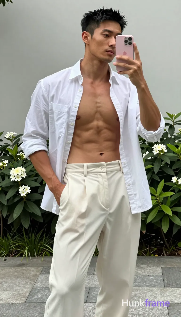 Asian man medium-dark tan skin sensual suggestive vertical mirror selfie standing upright torso angled left hand in front trouser pocket right arm raised holding pink iPhone Apple logo visible; Shirtless broad shoulders defined pectorals visible abs thick thighs white long-sleeved button-up shirt worn open from collarbone down sleeves rolled up to mid-forearm off-white high-waisted pleated trousers belt loops visible waistband inner thighs partially exposed due to unbuttoned low stance outdoors on stone patio with green foliage and white flowers; Natural daylight soft shadows diffused sunlight clean lines minimal distractions full-body shot head to knees centered composition confident sophisticated luxurious mood, shot on iPhone 15 Pro main camera, authentic smartphone computational photography, natural Smart HDR and true-to-life skin texture, vertical 9:16 Xiaohongshu lifestyle feed, bright clean everyday scene, unretouched phone photo with subtle sensor grain, trendy Chinese internet 网红 aesthetic, candid influencer energy, phone held naturally in one hand for selfie, phone visible in frame; single clean uninterrupted photograph with a cohesive editorial composition and plain continuous surrounding surfaces