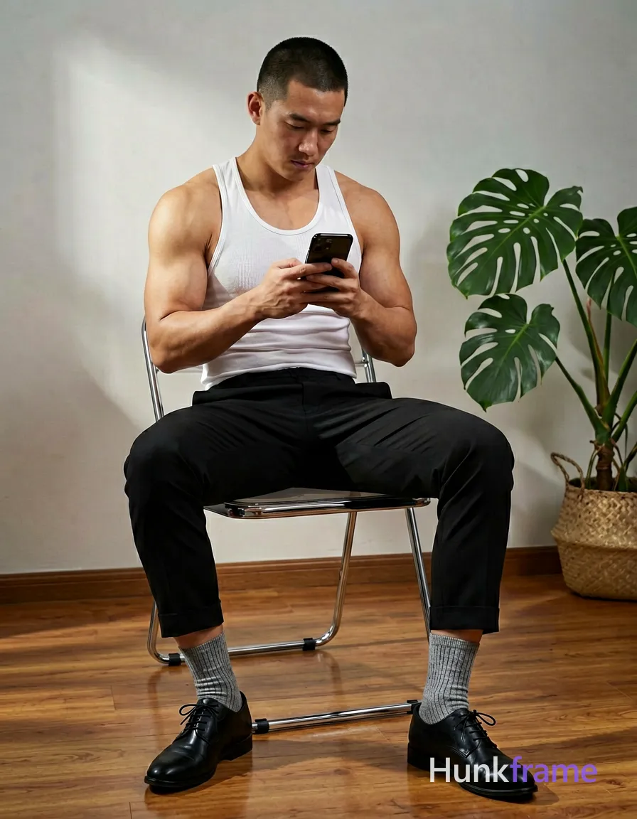 Asian man with short buzz cut and light-medium skin sits on a metal-framed chair, right leg crossed over left knee, torso leaning forward holding smartphone at chest level. He wears a white ribbed tank top covering broad shoulders and defined pectorals, black tailored trousers ending mid-calf, grey pinstriped crew socks, and black leather lace-up dress shoes. Indoor room with light-colored walls and polished wooden floor; large potted monstera plant in woven basket to right. Dramatic directional lighting from front-left highlights sculpted abdominal definition and muscular thighs. Clean composition with negative space on right side, full-body shot head to mid-shin, vertical portrait orientation., wearing underwear or swim trunks, covered genitals, no frontal nudity, a single uninterrupted photograph only, no written words or typography anywhere in frame, no captions, no app UI, no social-media post layout, no screenshot borders
