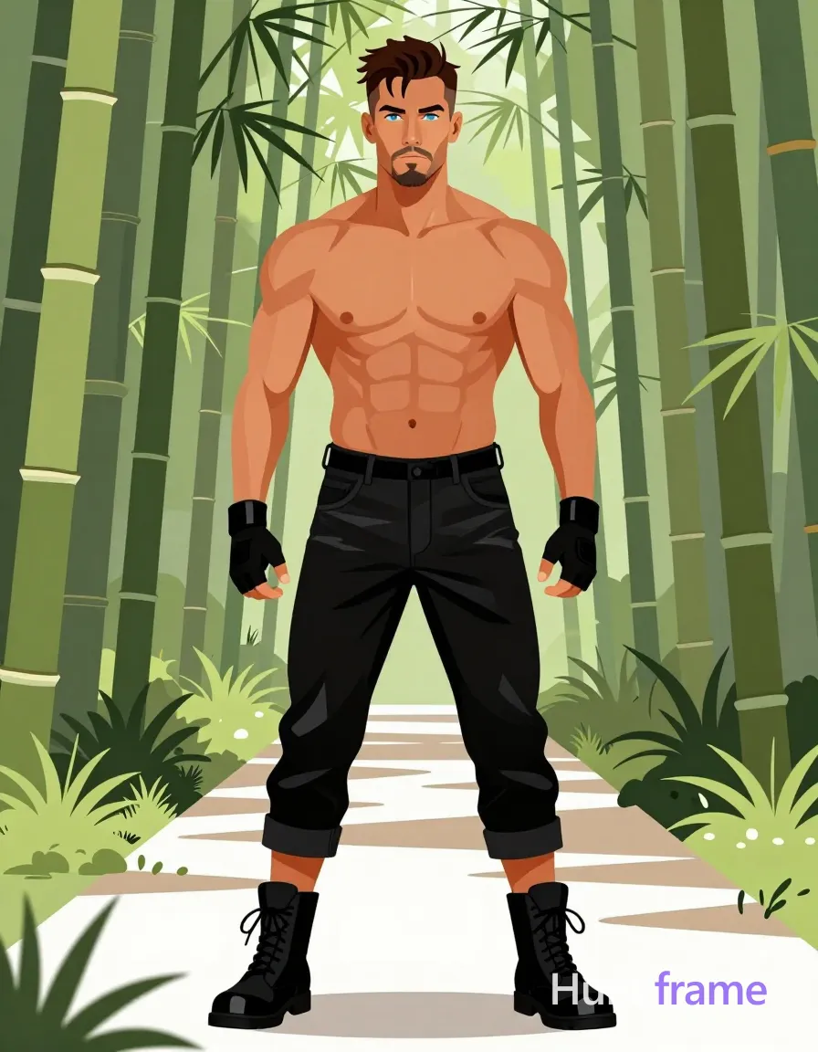 Asian man with tanned skin and short dark hair styled upward, light mustache and goatee. Standing facing camera with slight forward lean, arms relaxed at sides in a bamboo forest path setting. Shirtless torso revealing broad shoulders, defined pectorals, six-pack abs, thick thighs; black leather-like pants cuffed above knees showing calves, black lace-up combat boots, fingerless gloves on both hands. High-contrast lighting sculpts musculature against green stalks and soft daylight filtering through canopy. Bold flat-color poster graphic design with clean vector lines and high-contrast color blocking., same aesthetic theme and photo feel as the reference but a different man in a different pose with distinct body proportions, Scandinavian man, very fair skin, ice blue eyes, Viking-broad shoulders lean waist, a single uninterrupted photograph only, no written words or typography anywhere in frame, no captions, no app UI, no social-media post layout, no screenshot borders
