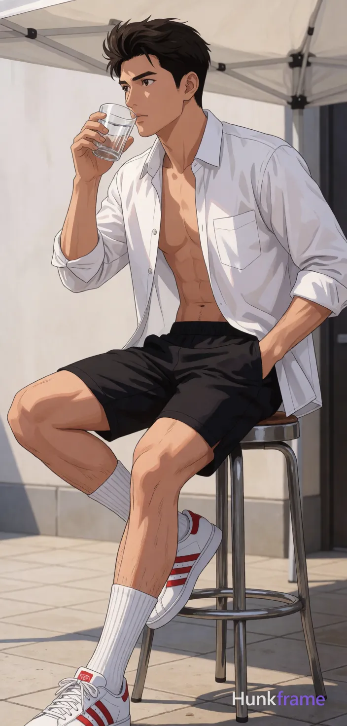 Asian man with light-medium skin and dark brown short hair styled high, clean-shaven face gazing contemplatively left; Seated sideways on a metal bar stool outdoors under white canopy; right leg bent flat, left thigh crossed over knee showing thick muscular definition; Wearing open white long-sleeve shirt exposing upper chest pectorals, black athletic shorts above knee, white crew socks mid-calf, white sneakers with red stripes holding clear glass near mouth; High-resolution 2.5D anime rendering of sculpted shoulders and torso against neutral tiled patio background; single clean uninterrupted artwork with a cohesive composition and plain continuous surrounding surfaces