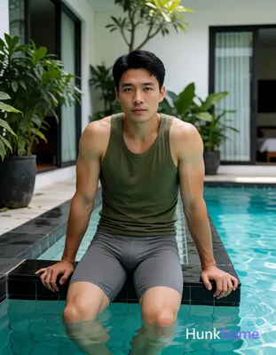 Asian man with short black hair and light-medium skin leaning forward, hands sup