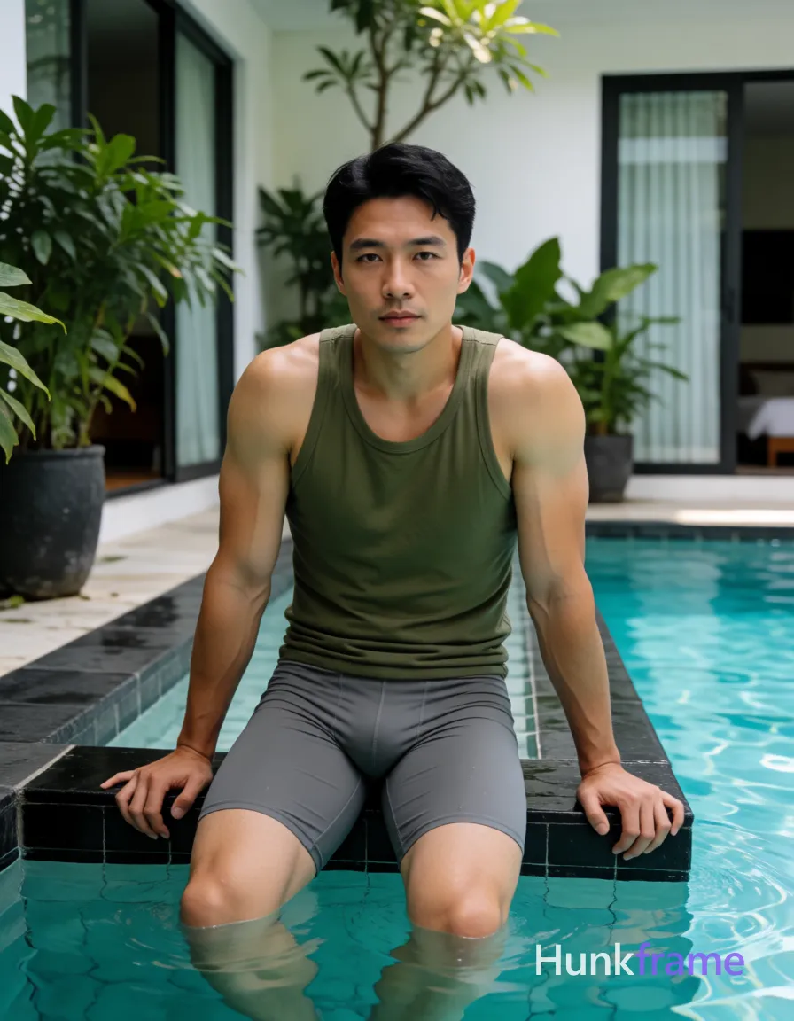 Asian man with short black hair and light-medium skin leaning forward, hands supporting weight on a black tiled pool edge; He wears an olive green fitted tank top exposing full shoulders and upper back, paired with tight-fitting gray compression shorts covering hips to mid-thigh; Hips thrust outward into turquoise water while legs submerge to the thigh line; glutes fully exposed above surface against white villa walls; Natural daylight casts soft shadows over lush potted plants and glass sliding doors in background; Fine-art photography emphasizing sculpted physique, broad back, thick thighs, and premium fashion editorial tone with relaxed masculine mood; single clean uninterrupted photograph with a cohesive editorial composition and plain continuous surrounding surfaces