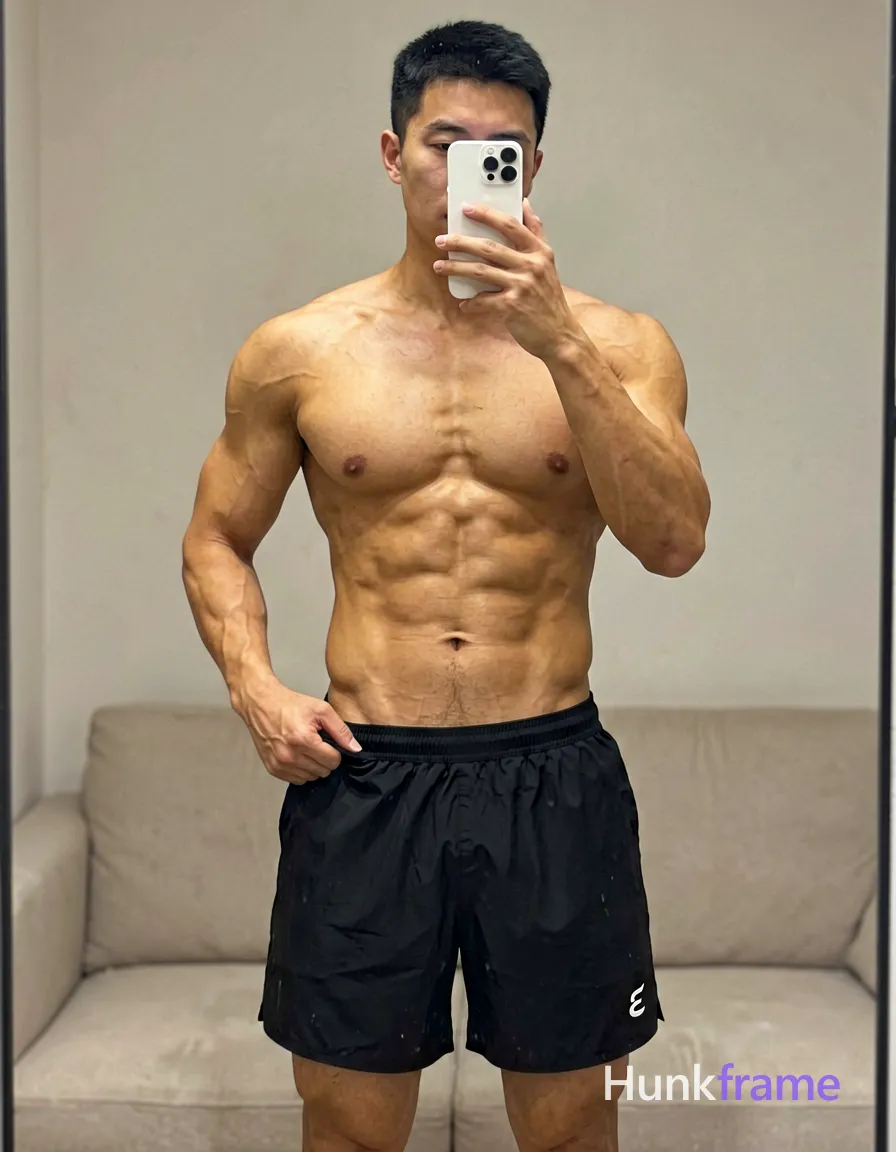 Asian man with light to medium tan skin and short straight black hair stands shirtless in a vertical mirror selfie; He wears loose-fitting black athletic shorts reaching mid-thigh, featuring an elastic waistband and a small white stylized 'E' logo near the lower-left hem; His right hand grips the waistband while pulling fabric upward slightly; left hand holds a white smartphone steady for capture; Defined pectorals, deltoids, rectus abdominis, and vascular forearms are visible under soft frontal illumination in an indoor room with neutral walls and a light-colored sofa background; High-resolution detail on skin texture, clean composition emphasizing physique; securely fitted underwear or swim trunks with complete frontal coverage; single clean uninterrupted photograph with a cohesive editorial composition and plain continuous surrounding surfaces