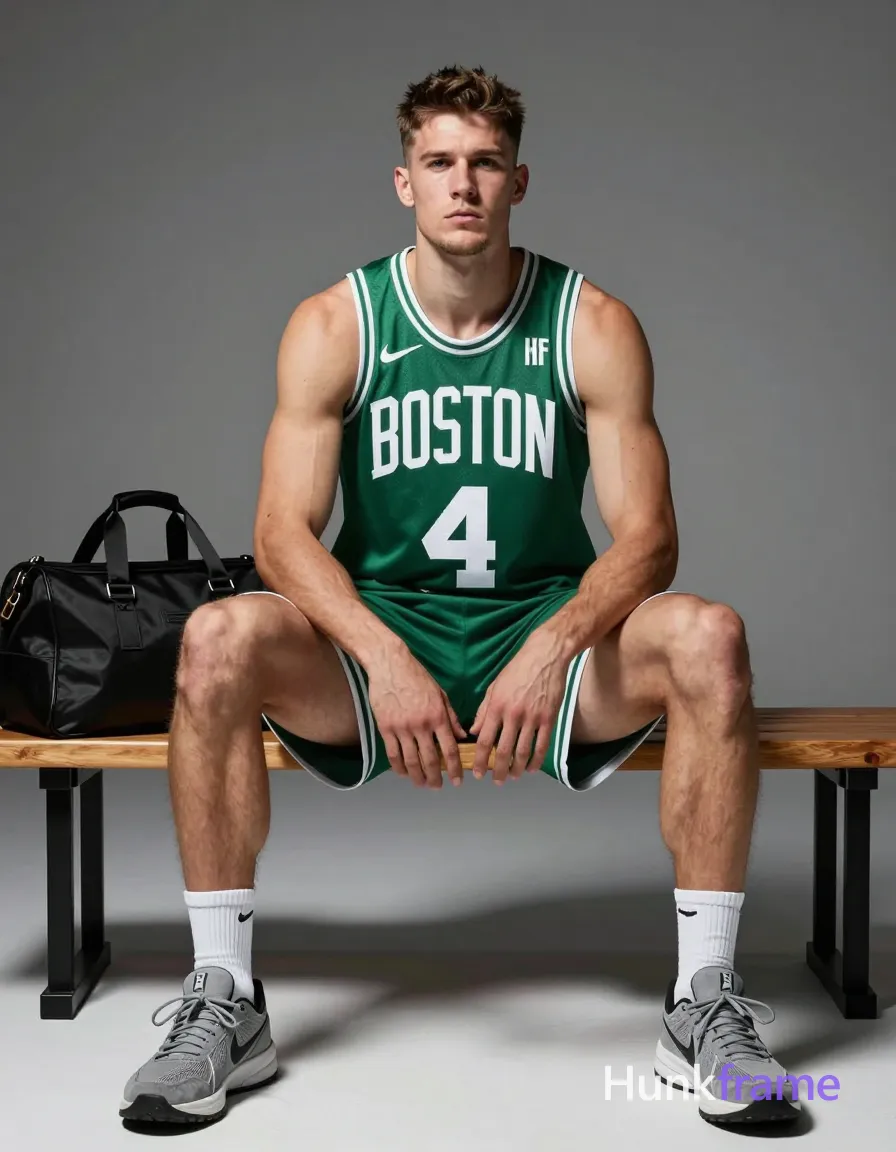 A muscular white man with short brown hair and a clean-shaven face sits on a wooden bench, legs spread apart. He wears a green sleeveless basketball jersey reading 'BOSTON 4', black athletic shorts, and grey chunky sneakers. His physique displays broad shoulders, defined arms, and thick thighs under dramatic directional light in a studio setting with a plain grey background. A duffel bag sits beside him on the bench. Include exactly one visible wordmark, spelled exactly "HF", as a small garment print; preserve its appropriate typography and scale. No other visible text, logo, caption, username, hashtag, comment, watermark, or UI chrome., a single uninterrupted photograph only, no written words or typography anywhere in frame, no captions, no app UI, no social-media post layout, no screenshot borders