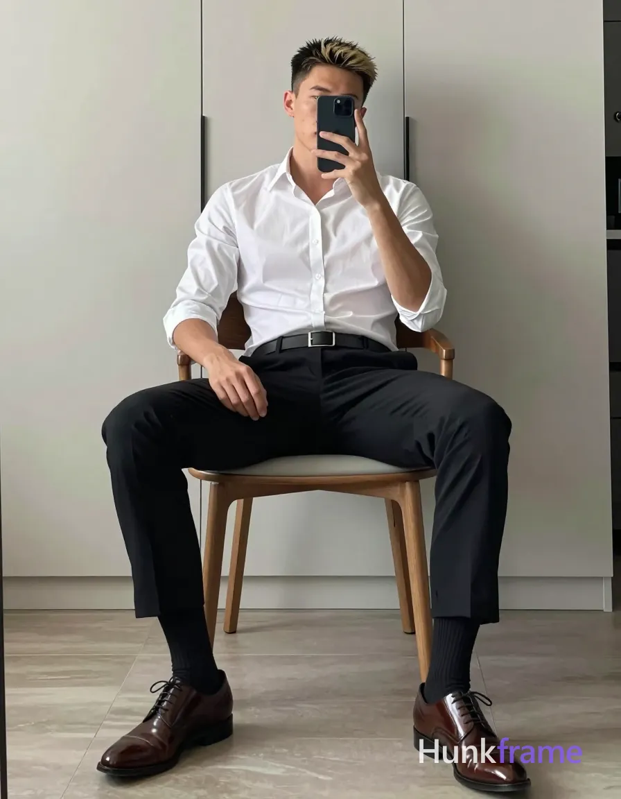 Full-body mirror selfie of an adult man with light-medium skin and short dark hair, seated on a wooden chair. He wears a white button-up shirt sleeves rolled up, black trousers, silver buckle belt, ribbed socks, and leather dress shoes. Legs are spread apart; left hand rests on thigh while right holds phone for capture. Modern interior design background with clean lines. Full-bleed vertical composition with screen-safe negative space., same aesthetic theme and photo feel as the reference but a different man in a different pose with distinct body proportions, Northern European man, light freckled skin, dirty blond hair, tall lanky runner frame, a single uninterrupted photograph only, no written words or typography anywhere in frame, no captions, no app UI, no social-media post layout, no screenshot borders