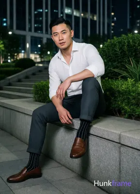 Asian man with short black side-parted slick-back hair and clean-shaven face, neutral expression mou