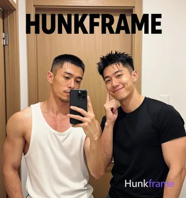 Bold flat-color poster wall art of two adult Asian men taking a vertical mirror selfie in an indoor 