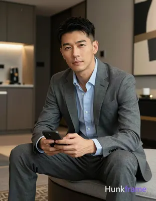 Photograph of exactly 1 adult man. Man 1: Asian, light-medium, square-jawed with defined cheekbones,
