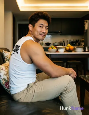 Asian man with light-medium skin and dark brown short hair styled with volume, clean-shaven face neu