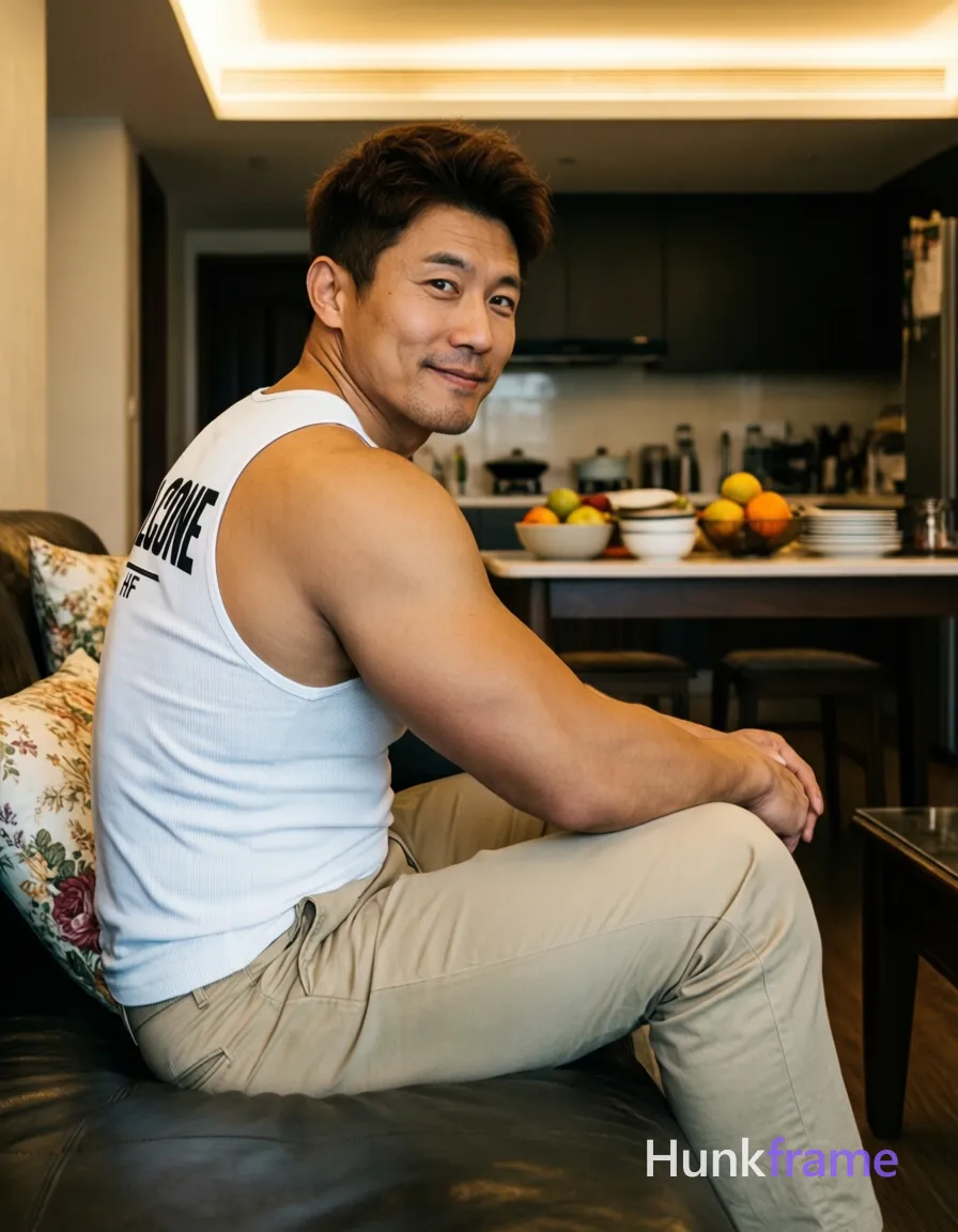 Asian man with light-medium skin and dark brown short hair styled with volume, clean-shaven face neutral to slightly smiling looking over shoulder. Seated sideways on dark leather sofa in foreground center-left, torso angled toward camera head turned back, arms crossed loosely before thighs knees bent wearing white ribbed tank top with black text 'LCONE' smaller line below upper left back and light beige khaki trousers fully clothed adult broad shoulders defined biceps triceps visible abdominal definition. Indoor living room floral-patterned pillow kitchen counter background bowls fruit stacked dishes warm ambient ceiling lighting soft directional fill highlighting face shoulder shallow depth of field naturalistic photography athletic gym photography defined anatomy confident strength dramatic directional light HF small garment print. Include exactly one visible wordmark, spelled exactly "HF", as a small garment print; preserve its appropriate typography and scale. No other visible text, logo, caption, username, hashtag, comment, watermark, or UI chrome., a single uninterrupted photograph only, no written words or typography anywhere in frame, no captions, no app UI, no social-media post layout, no screenshot borders