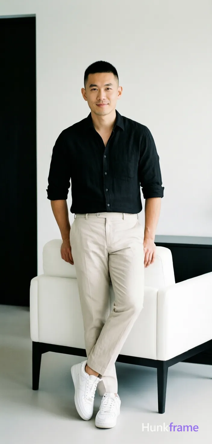Full vertical portrait wallpaper of an Asian man with a short black buzz cut, high forehead, and clean-shaven face; He stands centered in full body wearing a black button-down shirt with sleeves rolled up, light beige trousers, and white sneakers, leaning slightly against a modern white armchair; The setting is a minimalist lounge with black accents under soft indoor lighting; His expression is neutral to slight smile, exuding calm confidence on a clean 13:19 canvas; single clean uninterrupted photograph with a cohesive editorial composition and plain continuous surrounding surfaces