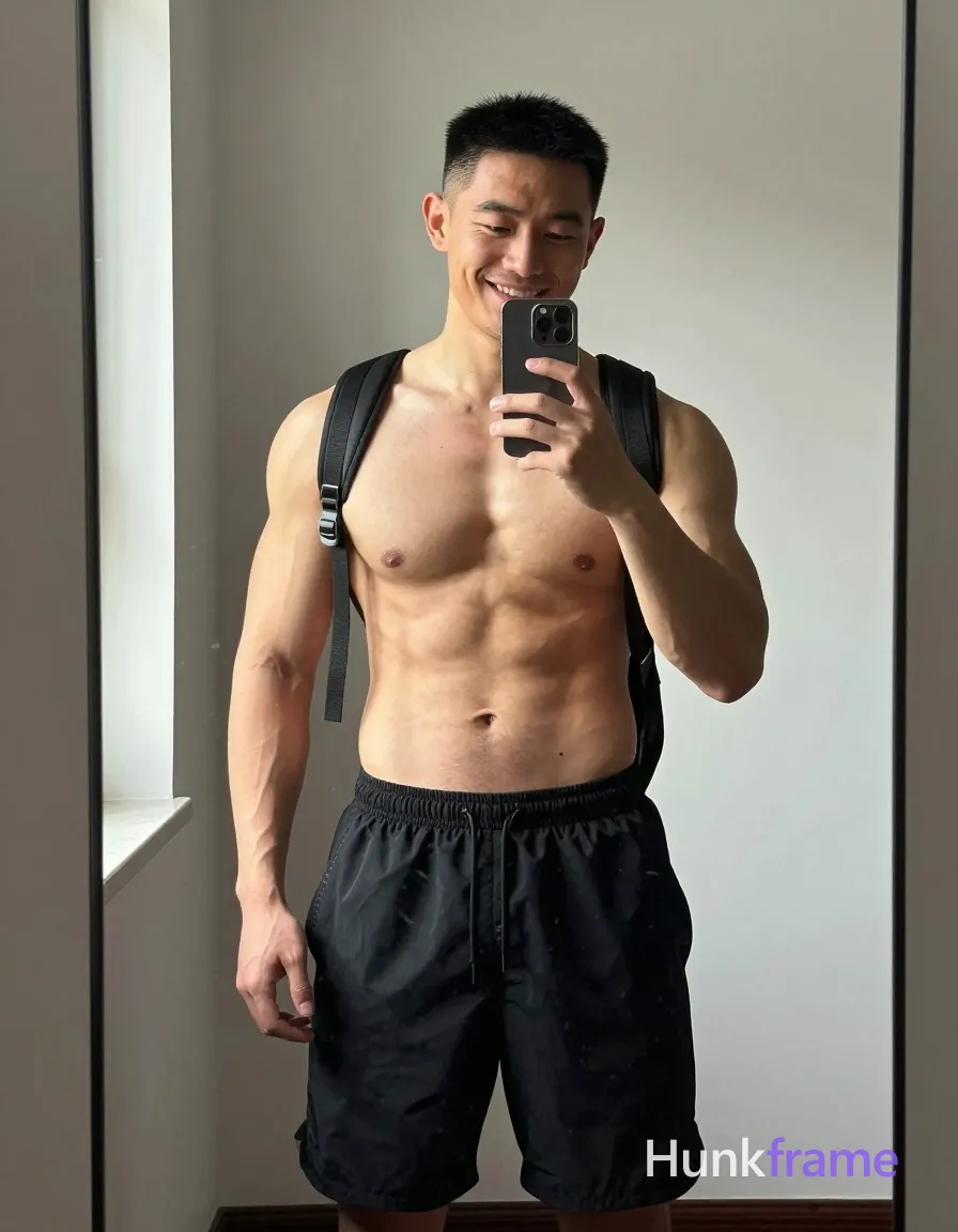 Asian man with light-medium tan skin and short black buzz cut stands facing a large mirror, smiling broadly while holding a dark triple-lens smartphone to capture the reflection; He is shirtless revealing defined pectorals, visible six-pack abs, toned arms, minimal chest hair, wearing mid-thigh length black drawstring athletic shorts with black backpack straps over bare shoulders; Indoor room setting with natural daylight streaming from left-side window illuminating neutral-toned walls and mirror frame; Slightly tilted camera angle captures full torso from waist up to head in vertical portrait orientation 13:19 aspect ratio, warm lighting enhancing rugged confidence for muscle bear aesthetic; single clean uninterrupted photograph with a cohesive editorial composition and plain continuous surrounding surfaces