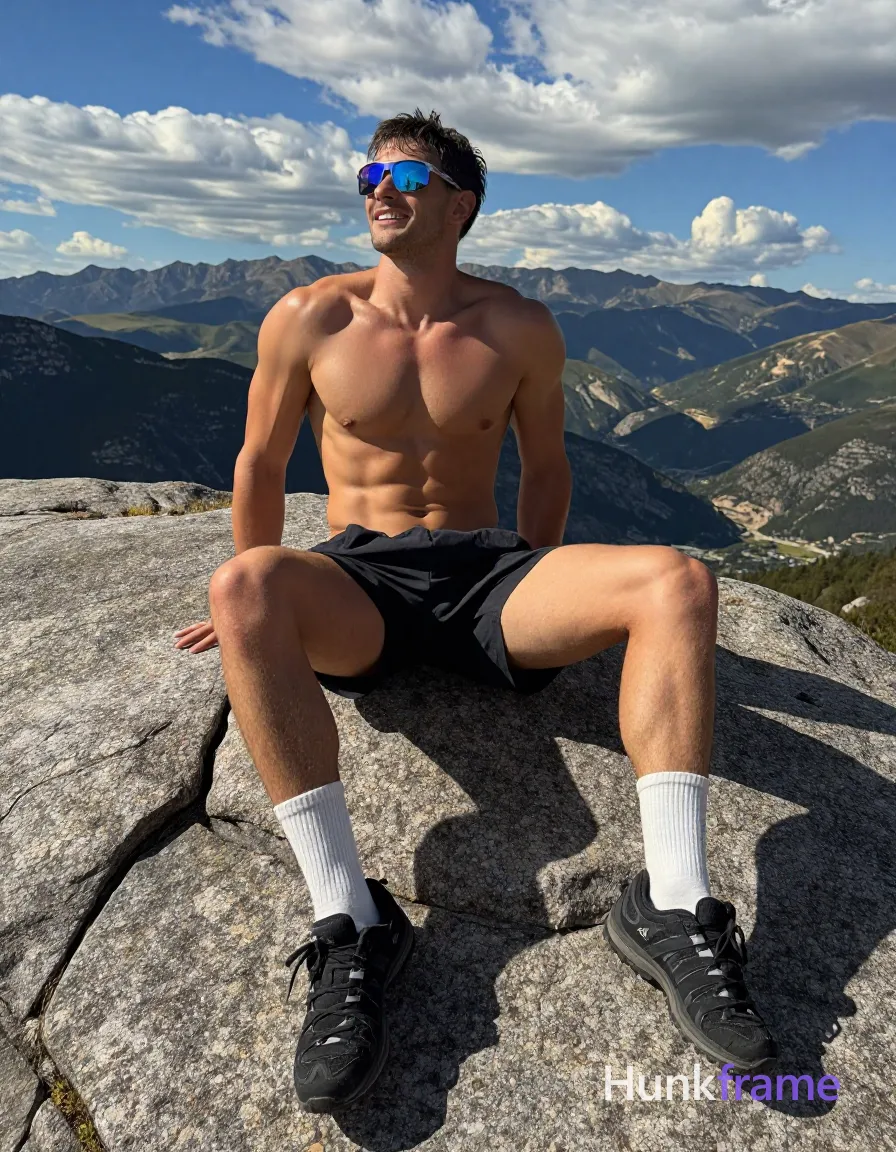 Seated on large granite rock outcrop with torso upright leaning back slightly against hands placed flat behind hips for support, legs extended forward with knees bent at ~90 degrees, feet resting on lower slope of rock face; Shirtless adult bare chest showing broad shoulders defined pectorals six-pack abs thick thighs wearing black athletic shorts ending mid-thigh white crew socks pulled up to ankle bone black trail running shoes with white laces; Wearing reflective blue-tinted sunglasses with thin metallic frames wraparound style covering eye region completely clean-shaven chin and upper lip light stubble on jawline visible in sunlight confident smile showing upper teeth; Background shows mountain range under blue sky with scattered cumulus clouds wide-angle perspective emphasizing vastness of landscape high dynamic range capturing detail in both sunlit foreground and shadowed valleys shallow depth of field keeping subject sharp while distant mountains soften slightly bright natural sunlight from upper left casting strong shadows on right side of face and body; The adult man visibly wears wearing; single clean uninterrupted photograph with a cohesive editorial composition and plain continuous surrounding surfaces