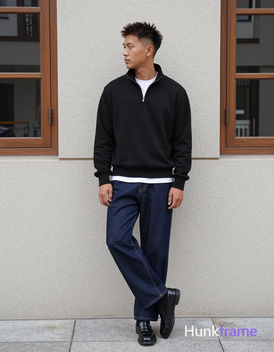 an anonymous figure man with light to medium tan skin stands in profile facing left against a textured pebble-finish wall; He has short, textured crop-top hair with sides buzzed and dark brown/black spiky top; clean-shaven face with neutral contemplative gaze directed off-camera left; Wearing black quarter-zip pullover over white crew-neck t-shirt peeking from collar/hem, dark indigo wide-leg denim jeans with visible stitching seams, black socks pulled to mid-calf, shiny black leather loafers; Right leg crossed over left knee at mid-thigh; right hand resting on ankle while lifting foot slightly; Full-body shot head-to-feet centered horizontally in lower-third of vertical 13:19 frame; Background features wooden-framed windows with glass panes reflecting urban buildings and light gray stone pavement ground; Natural daylight provides soft shadows under chin and clothing folds, even illumination suggesting overcast sky or shaded location; High contrast between dark wardrobe and lighter architectural backdrop; Clean composition emphasizing silhouette and relaxed posture rather than facial detail; Minimalist urban-cool mood; single clean uninterrupted photograph with a cohesive editorial composition and plain continuous surrounding surfaces