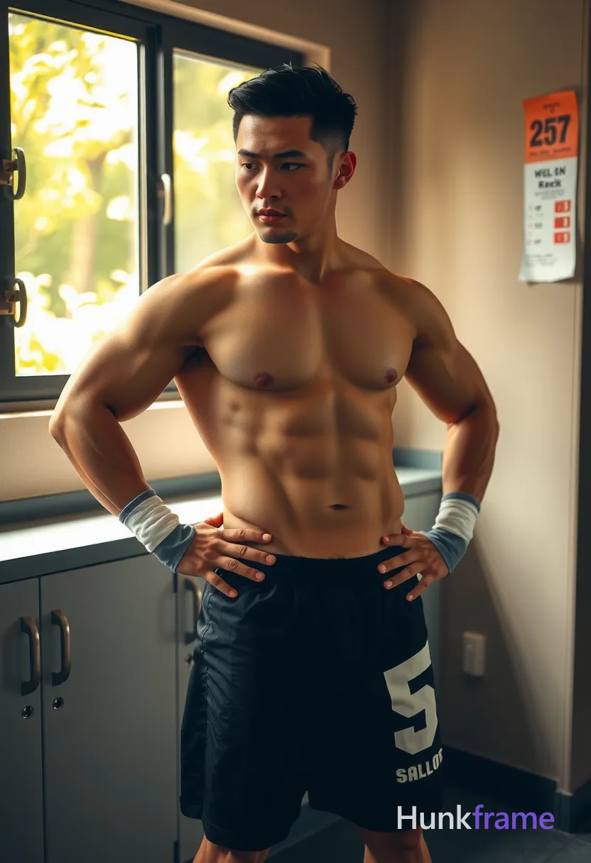 photoreal photograph of a handsome masculine man with broad shoulders and defined abs, shirtless and standing with hands on hips, looking slightly down. The man is wearing black shorts and white crew socks. The torso crop includes thick muscular thighs and visible greenery outside the window providing soft natural light. The setting has an earthy warm palette emphasizing the subject's tan skin tone. The mood is relaxed yet athletic