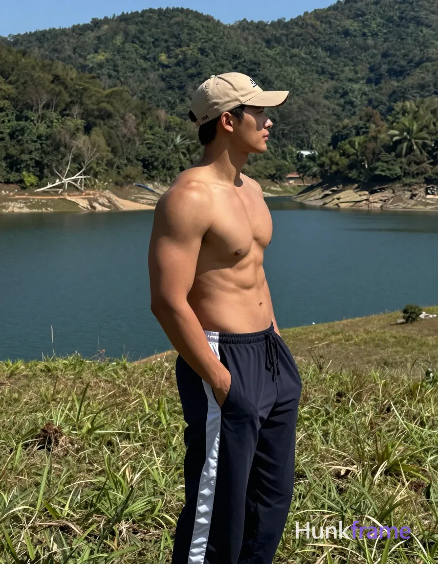 Adult man standing in profile facing right on a grassy hillside, left hand deep in pocket of dark navy track pants with white side stripes. Shirtless torso showing broad shoulders, defined pectorals and abs, thick thighs; skin light to medium tan under bright natural sunlight casting strong directional shadows. Wearing short dark hair under a tan baseball cap with 'UNERA' text and an anonymous figure logo. Vertical portrait crop from head to upper thighs, center-right foreground occupying left half of frame against blue lake and forested slopes. High dynamic range photography, sharp skin texture, wide-angle landscape context. Small garment print reading HF on chest. Serene open-air masculine confidence mood. Include exactly one visible wordmark, spelled exactly "HF", as a small garment print; preserve its appropriate typography and scale. No other visible text, logo, caption, username, hashtag, comment, watermark, or UI chrome., a single uninterrupted photograph only, no written words or typography anywhere in frame, no captions, no app UI, no social-media post layout, no screenshot borders