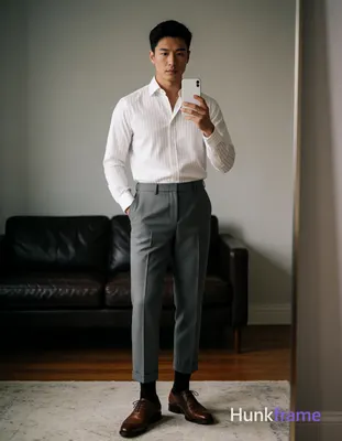 Asian man standing in front of full-length mirror holding white smartphone at ch