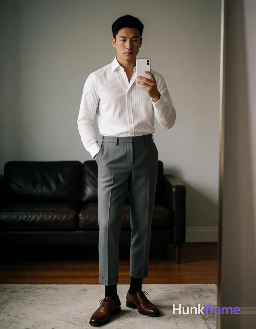Asian man standing in front of full-length mirror holding white smartphone at chest level taking selfie instead of seated; White long-sleeve button-up shirt subtle vertical stripes top two buttons undone revealing upper chest and collarbone artistic partial nude adult; Grey tailored trousers cuffed slightly above ankle black dress socks pulled up to mid-calf brown cap-toe oxford shoes visible on light-colored rug below; Broad shoulders defined pectorals toned arms short black buzz cut straight texture high forehead clean hairline clean-shaven neutral direct gaze at phone camera in mirror reflection left hand resting behind back near hip right arm raised holding smartphone; Indoor room featuring dark leather tufted sofa against light grey wall wooden floor partially covered by textured rug vertical mirror frame visible along right edge of image soft ambient indoor lighting creating gentle shadows on face and clothing folds white grey brown black palette polished confident stylish mood clean lines minimalist composition fine-art photography dramatic lighting sculpted poses premium fashion-editorial aesthetic handsome masculine subject tailored attire; single clean uninterrupted photograph with a cohesive editorial composition and plain continuous surrounding surfaces